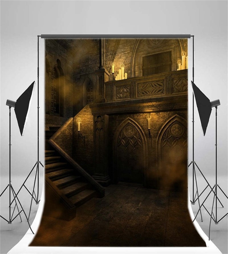 AOFOTO 6x8ft Gloomy Gothic Medieval Vintage Room Backdrop Scary Halloween Night Photography Background Vampire Ghost Party Decorations Haunted House Interior Stone Wall Stairway Photo Studio Props - Image 2